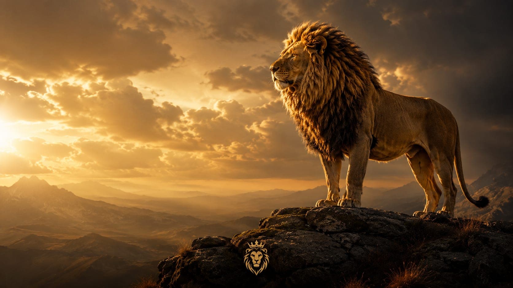A lion standing watch on a rocky summit over a golden valley at dawn — Lions of Zion