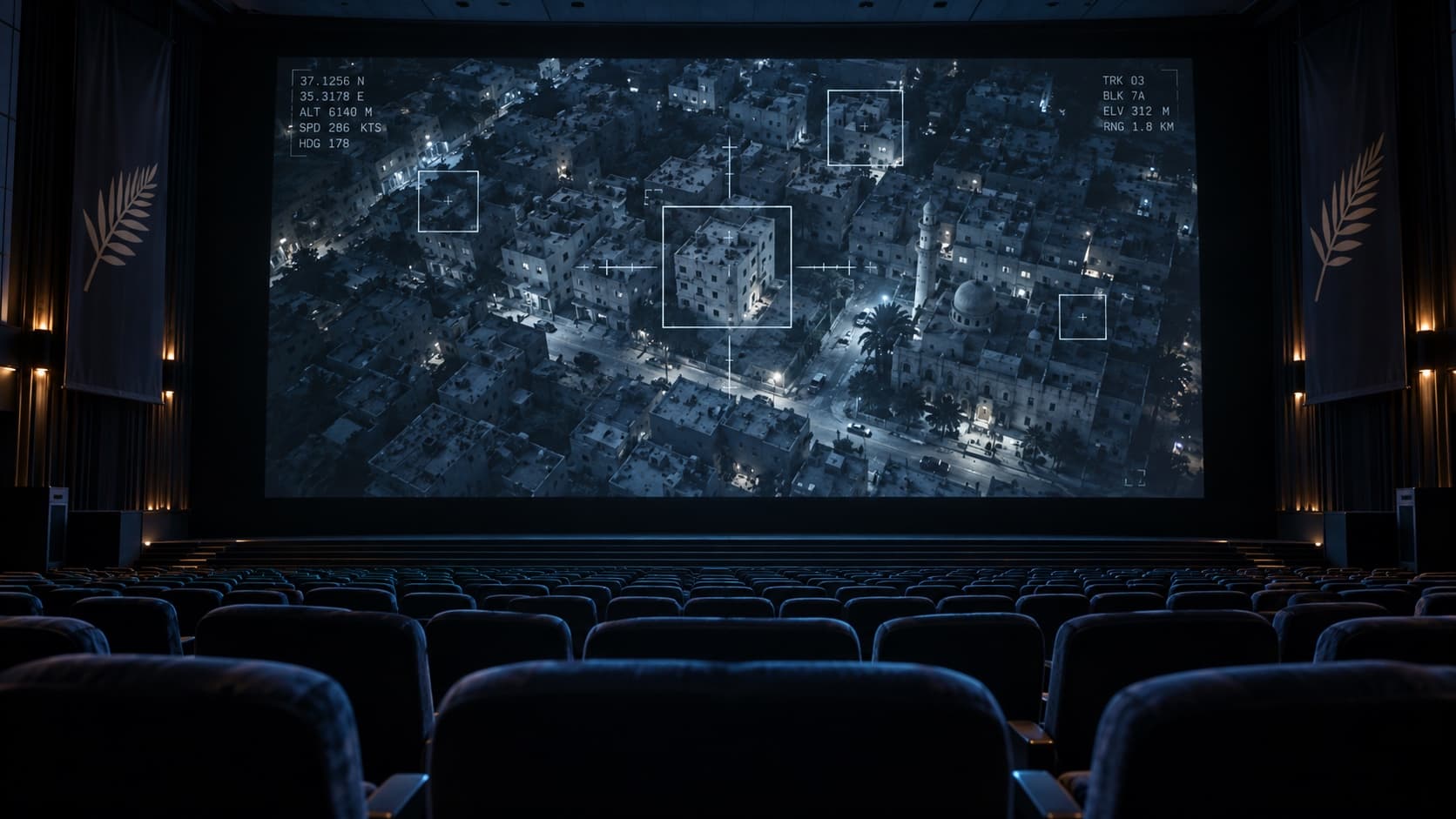 Editorial illustration: an empty cinema auditorium, the screen showing a night aerial view of a dense city block overlaid with a military targeting interface of selection boxes, crosshairs and telemetry readouts.